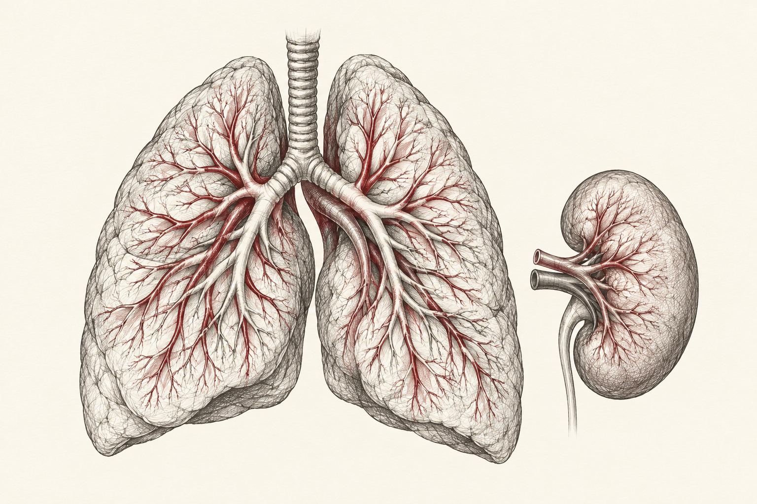 Editorial graphite illustration of lungs and a kidney, reflecting United Therapeutics’ work in pulmonary disease and organ transplantation.